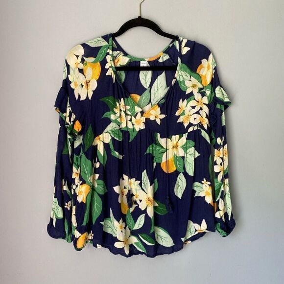 Old Navy women’s floral navy blue long sleeve Blouse /casual/business - Picture 2 of 7